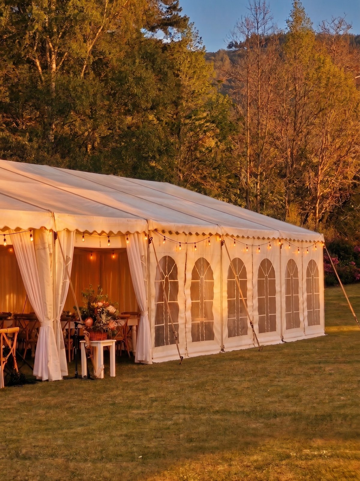 A "Marry Me" proposal setup in the garden under fairy lights